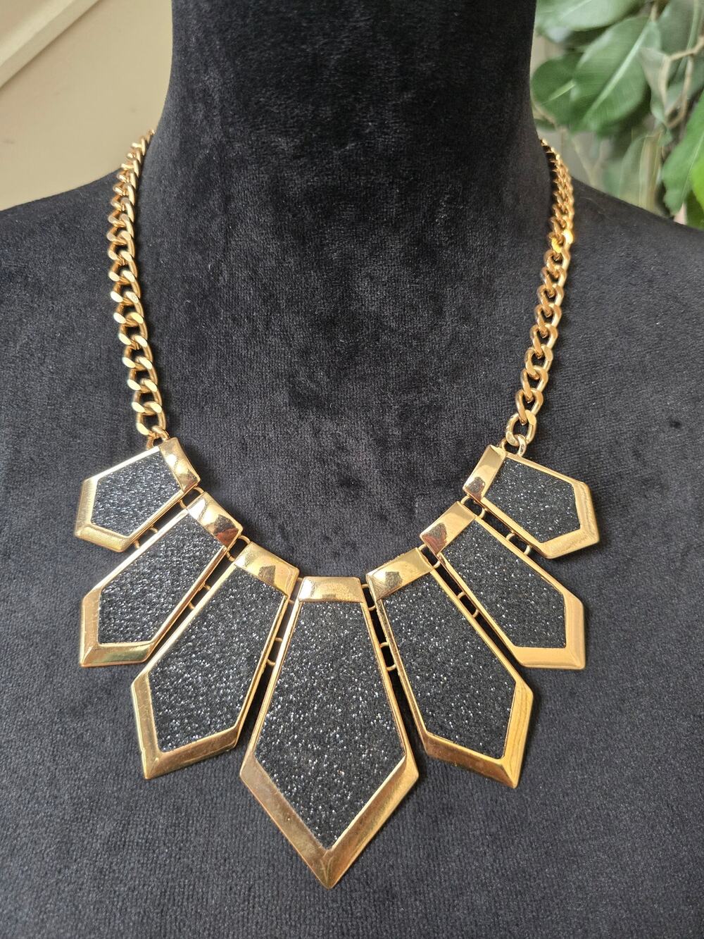 Black Gold Geometric Bib Statement Necklace